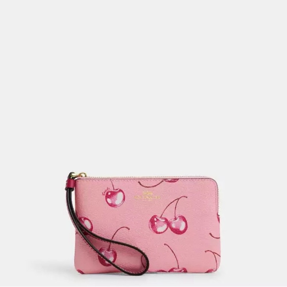 Coach Pink Cherry Print Corner Zip Wristlet